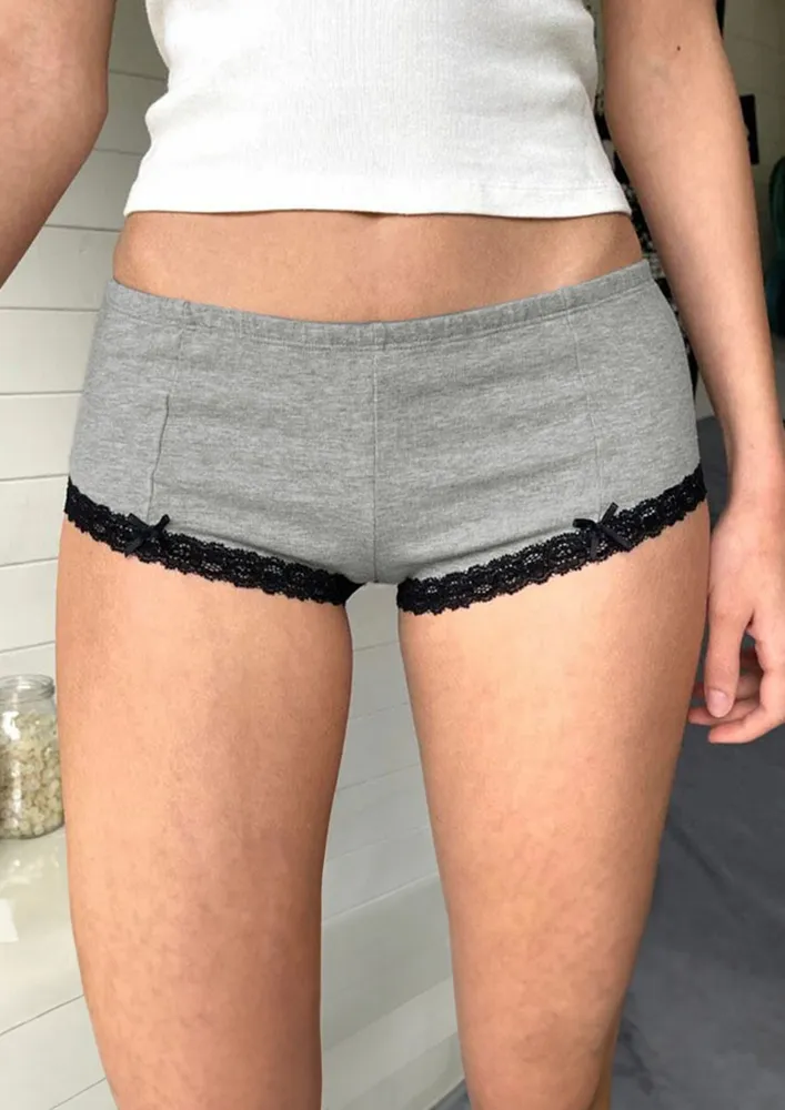 Grey Contrast Lace Hem Hotpants