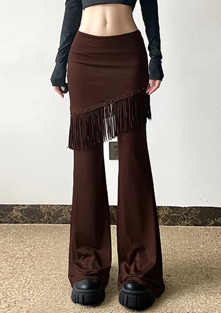 Brown Fringe Detail Flare Pants