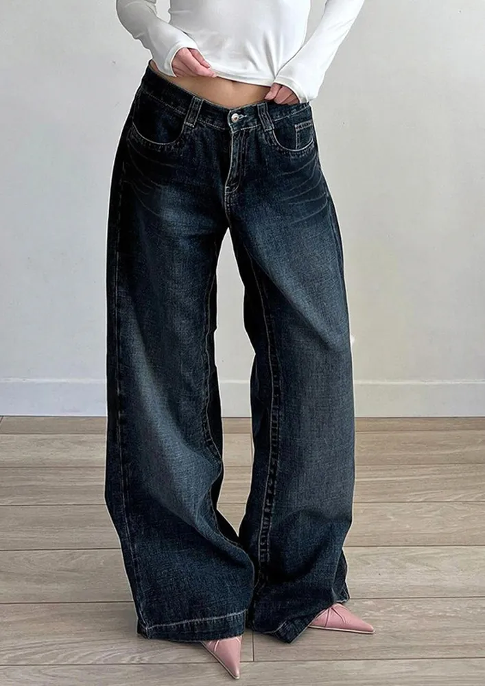 Dark Blue Washed-effect Boyfriend Jeans