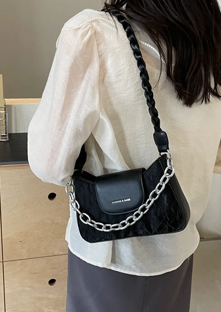 BRAIDED STRAP SHOULDER BLACK BAG