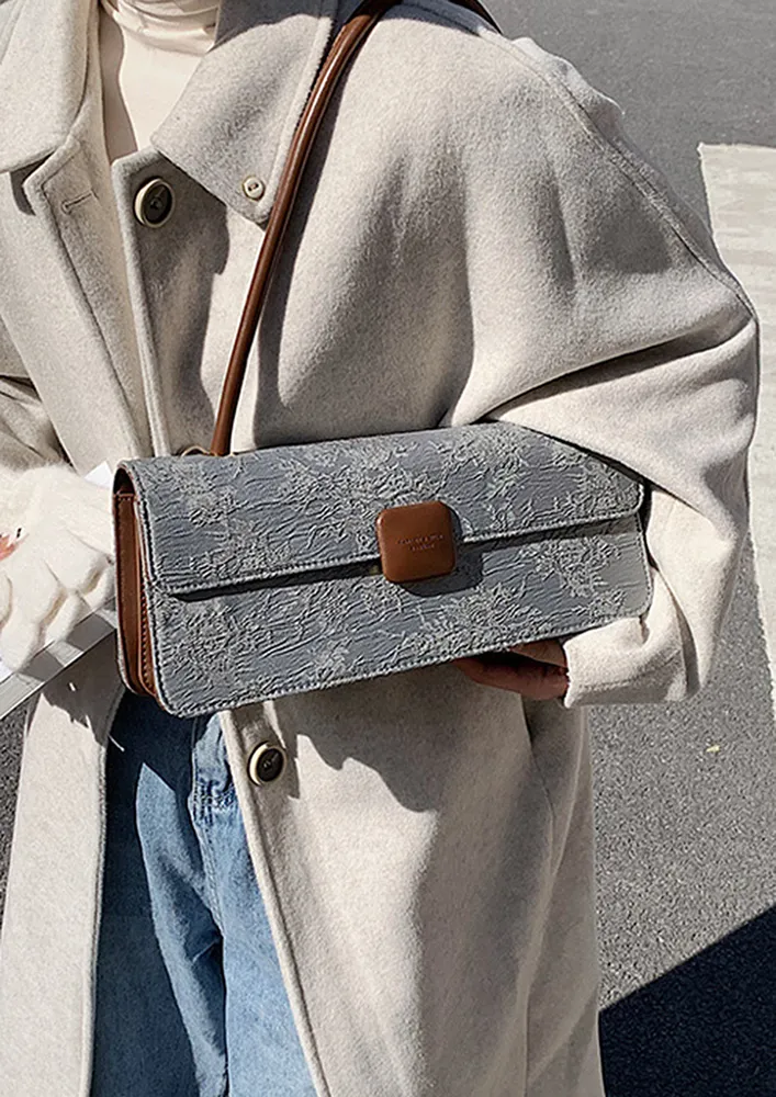 TEXTURED RECTANGULAR GREY SHOULDER BAG