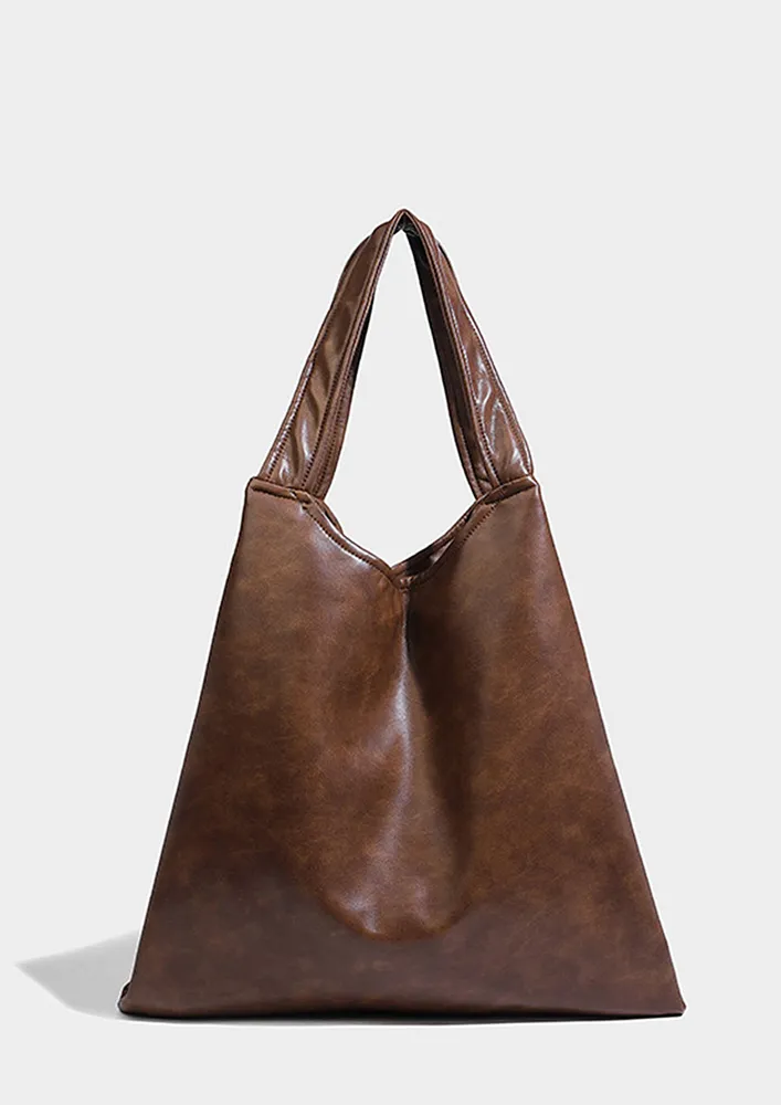 BROWN GEOMETRIC DOUBLE HANDLES TOTE BAG