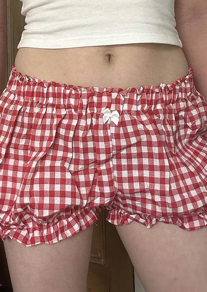 Red Gingham Print Balloon Shorts