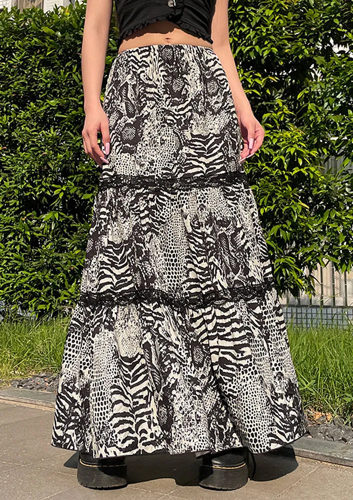 Black Animal Print Tiered Skirt