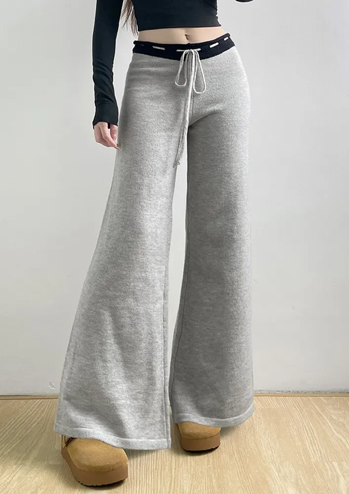 Grey Drawstring Waist Knitted Wide Leg Pants