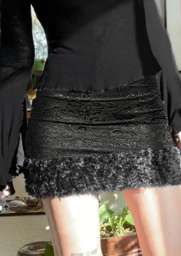 Black Faux Fur Hemline Lace Skirt
