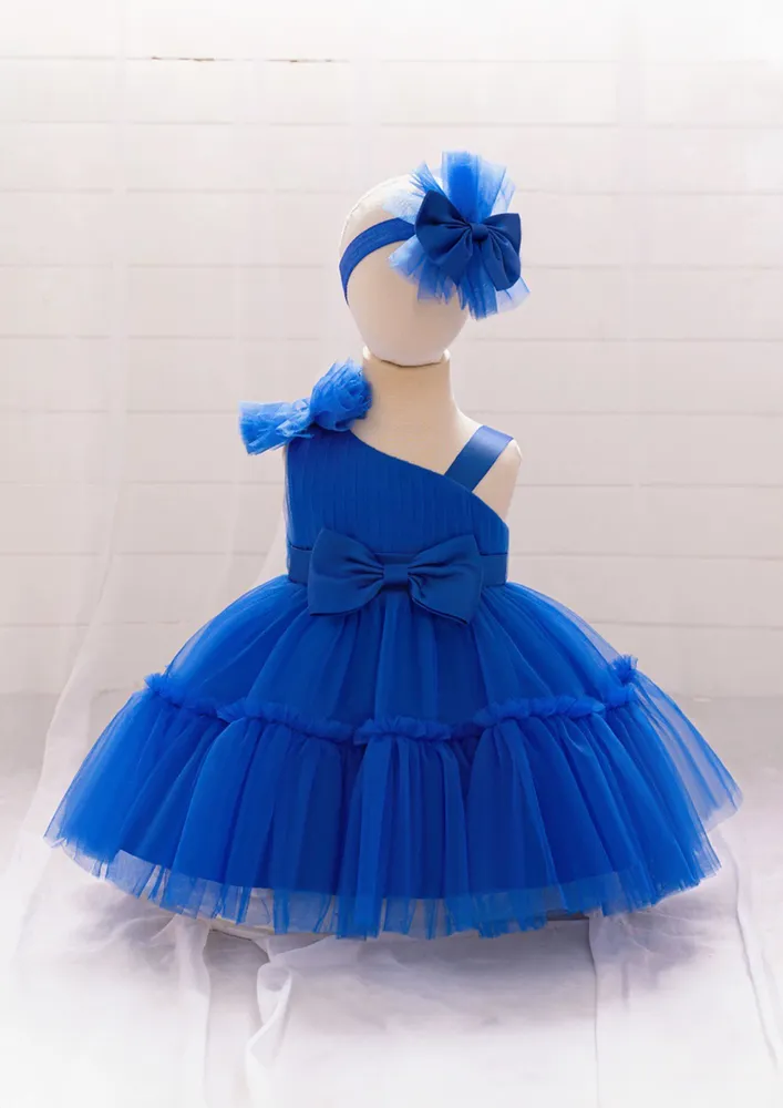 Girls Blue Asymmetric Neckline Tulle Dress W/ Headband