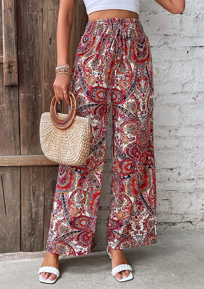 High-waisted Ethnic Print Wide Pants