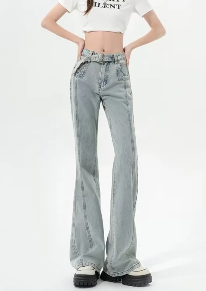 Light Blue Vertical Lined Seam Flare Jeans