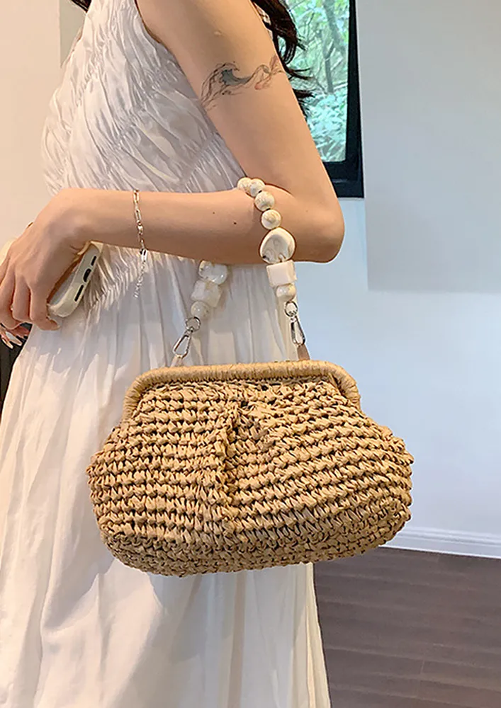 KHAKI BEADED STRAP STRAW HANDBAG