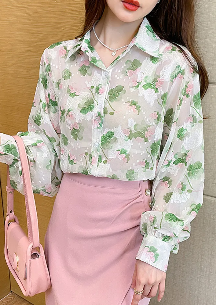 JACQUARD CHIFFON PRINTED GREEN SHIRT