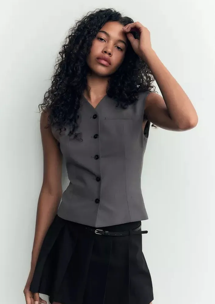 Button-up Grey Waistcoat Top