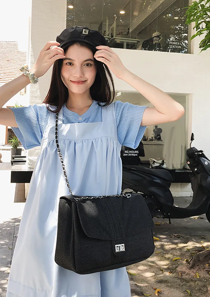 BLACK LAYERED STRAP DENIM SHOULDER BAG