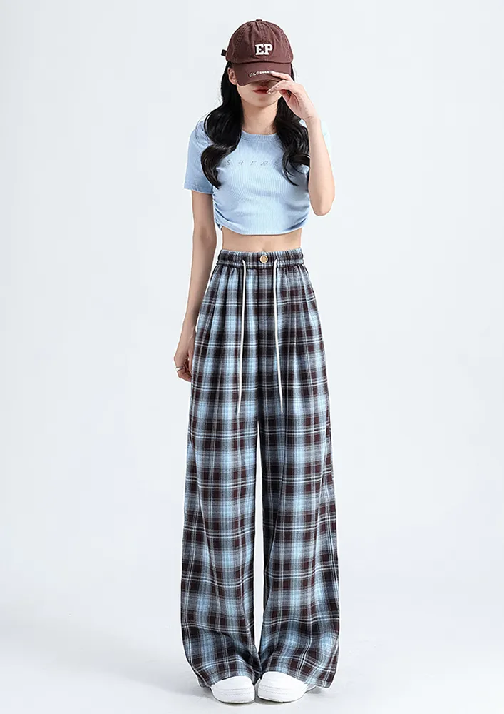 Blue Plaid Pattern Wide-fit Pants