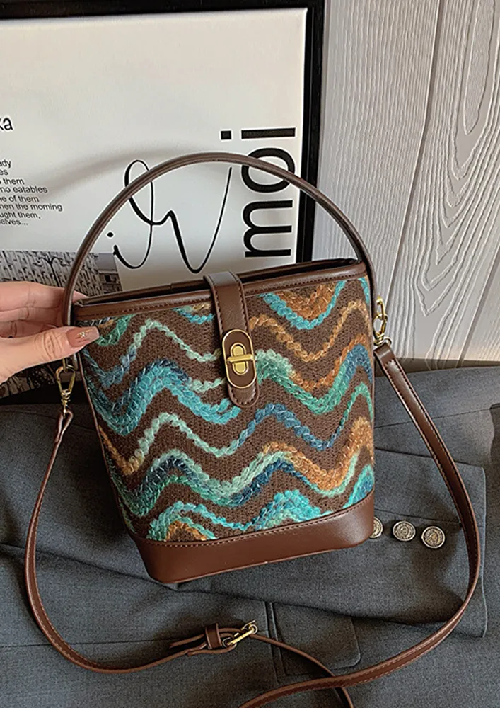 BROWN ZIG-ZAG PATTERN BUCKET BAG