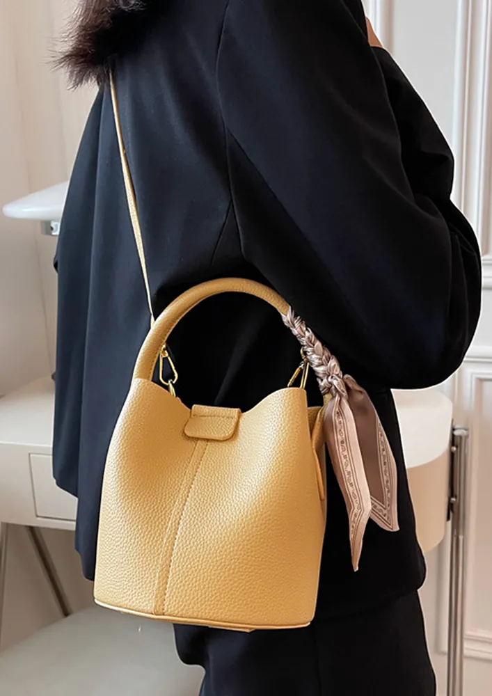 YELLOW TEXTURED SINGLE HANDLE BUCKET BAG