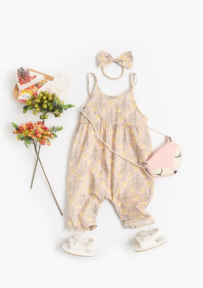 Girls Strappy Floral Print Onesie W/ Hair Band