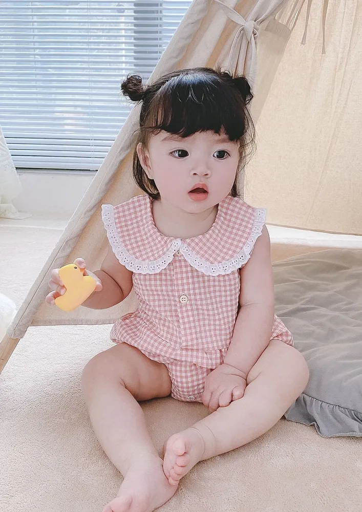Girls Pink Gingham Pattern Onesie
