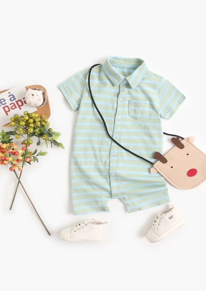 Boys Green Stripe Pattern Collared Onesie