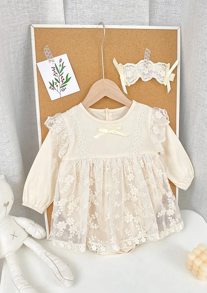 Beige Floral Lace Round Neck Onesie