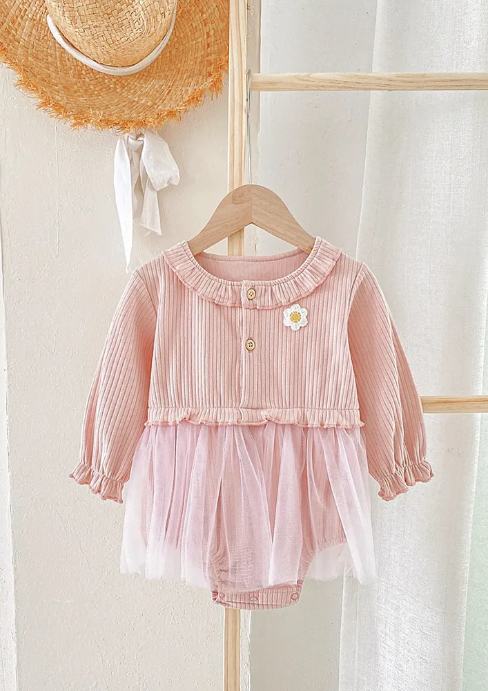 Girls Pink Floral Buttoned Tulle Onesie