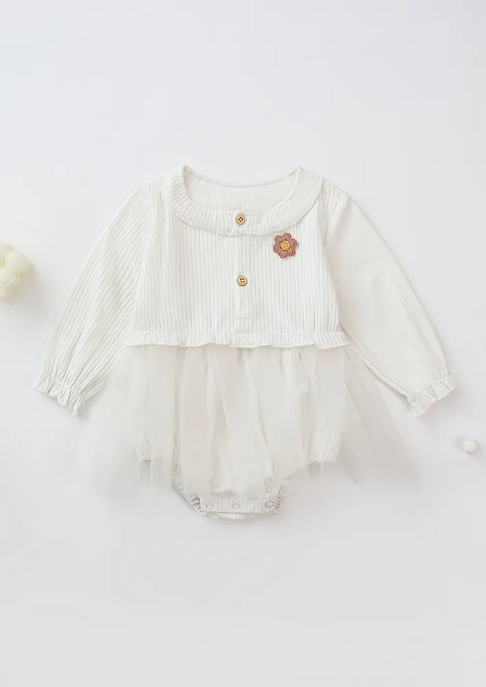 Girls White Floral Buttoned Tulle Onesie