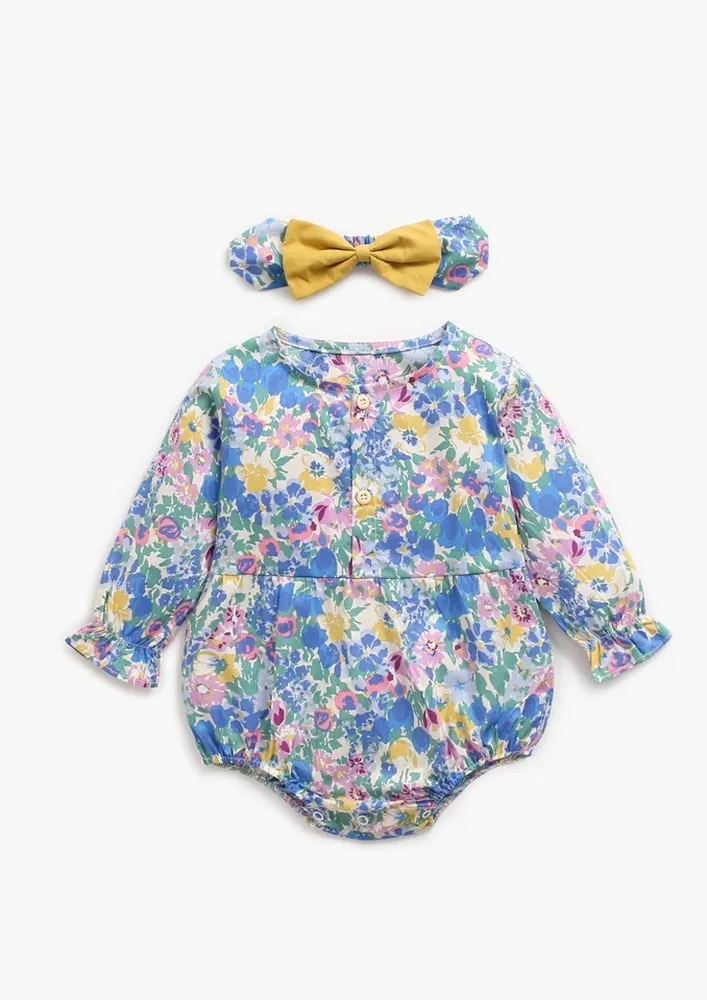 Girls Floral Print Full Sleeve Onesie W/ Headband