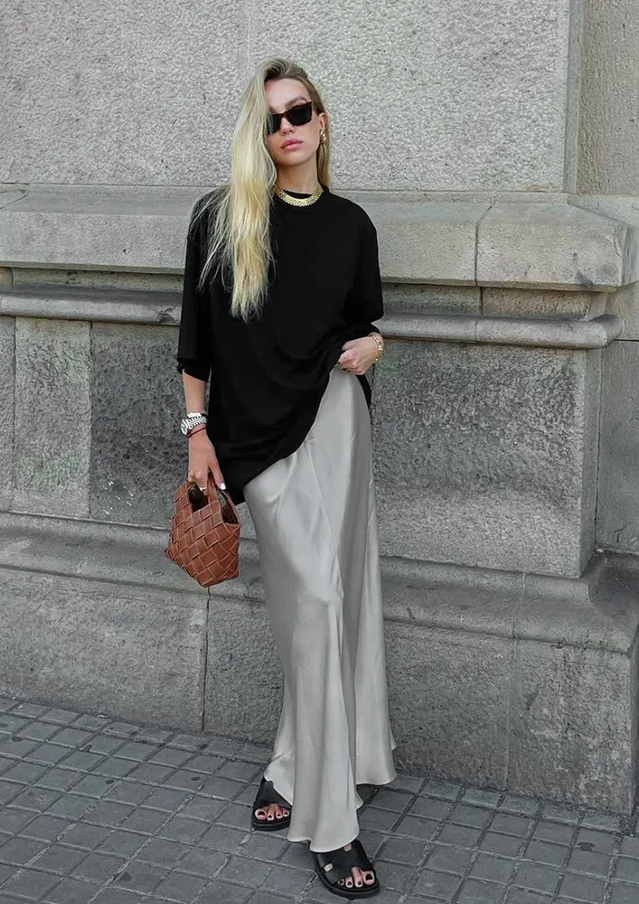 Grey Satin Maxi Skirt