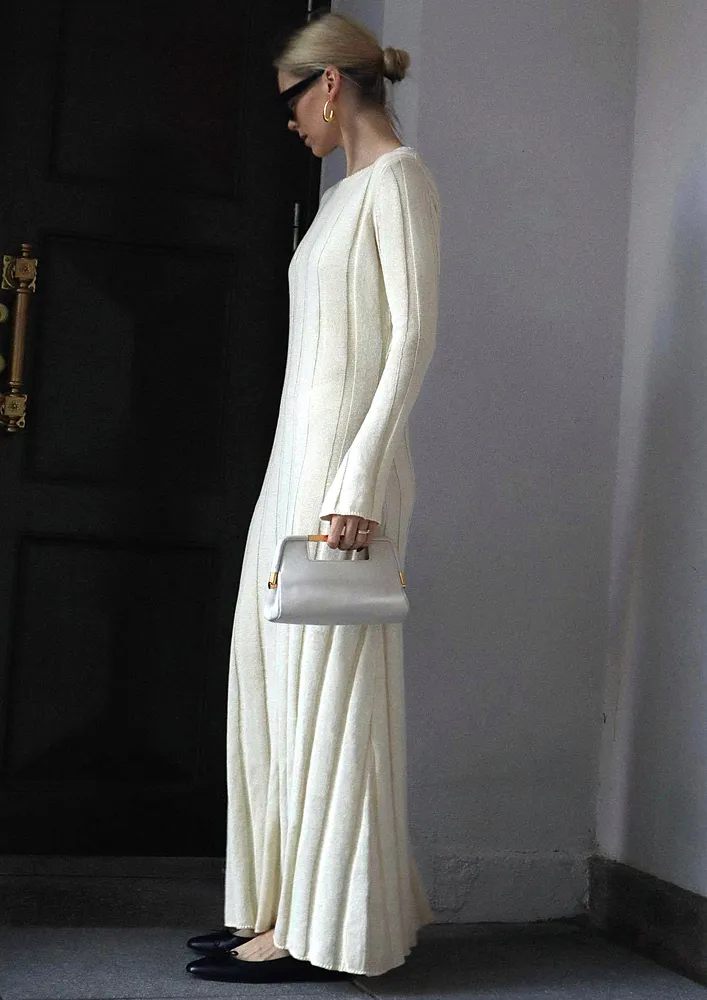 White Knitted Crew Neck Maxi Dress