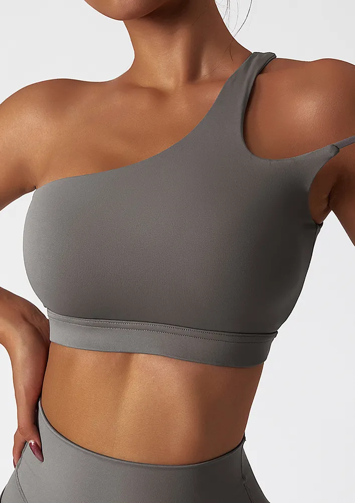 GREY ONE SHOULDER STRAP SPORTS BRA