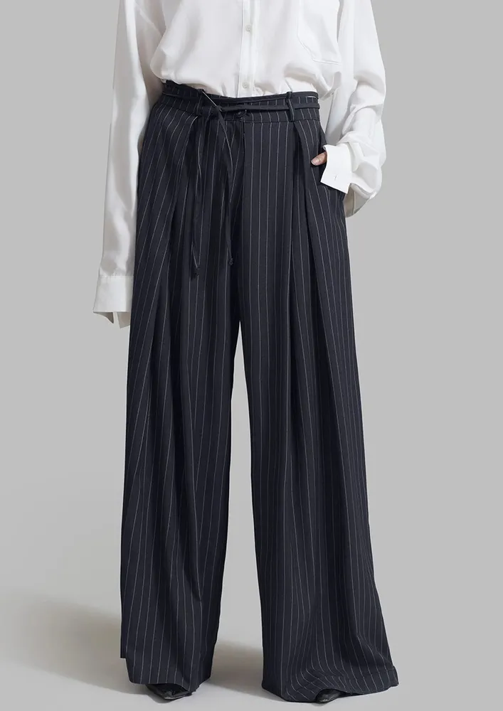 Blue Pin Stripe Wide Pleated Trousers