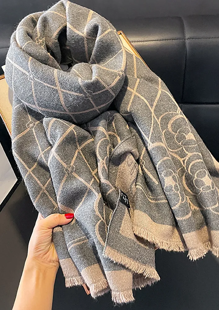 GREY KHAKI SPUN YARN PRINTED SCARF