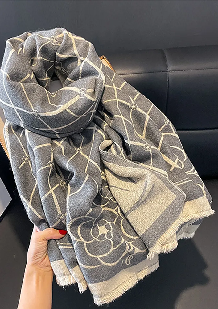 GREY SPUN YARN PRINTED SCARF