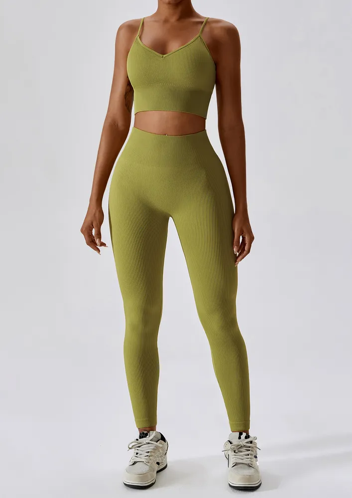 GREEN HIGH-WAIST RIBBED SPORTS LEGGGING