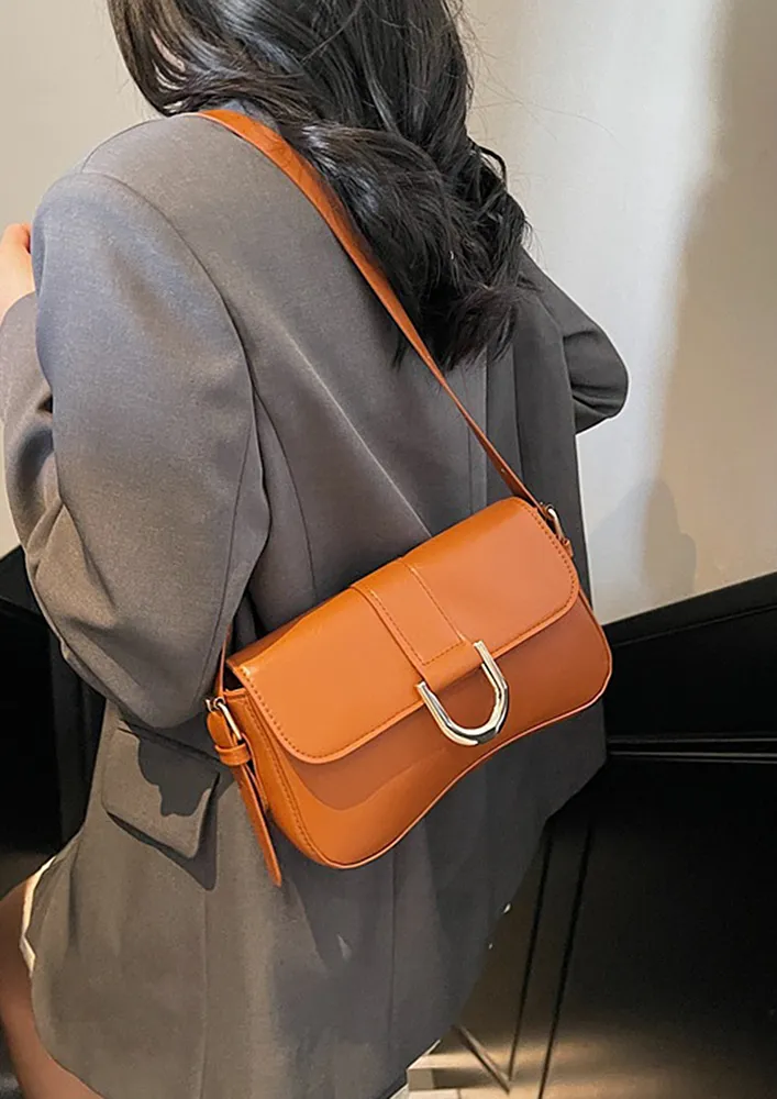 BROWN FRONT FLAP RECTANGULAR SHOULDER BAG