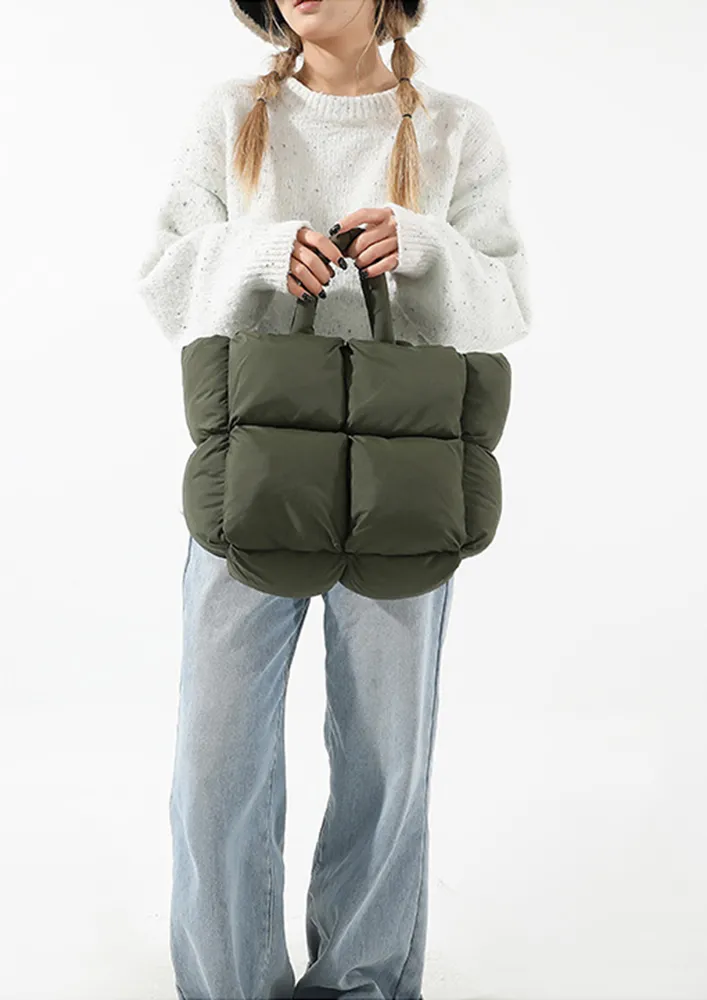 GREEN QUILTED PUFFER TOTE BAG