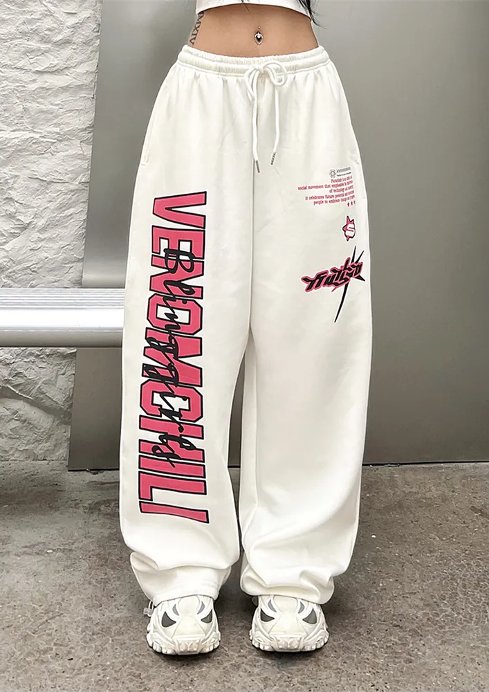 White Graphic Print Loose Joggers