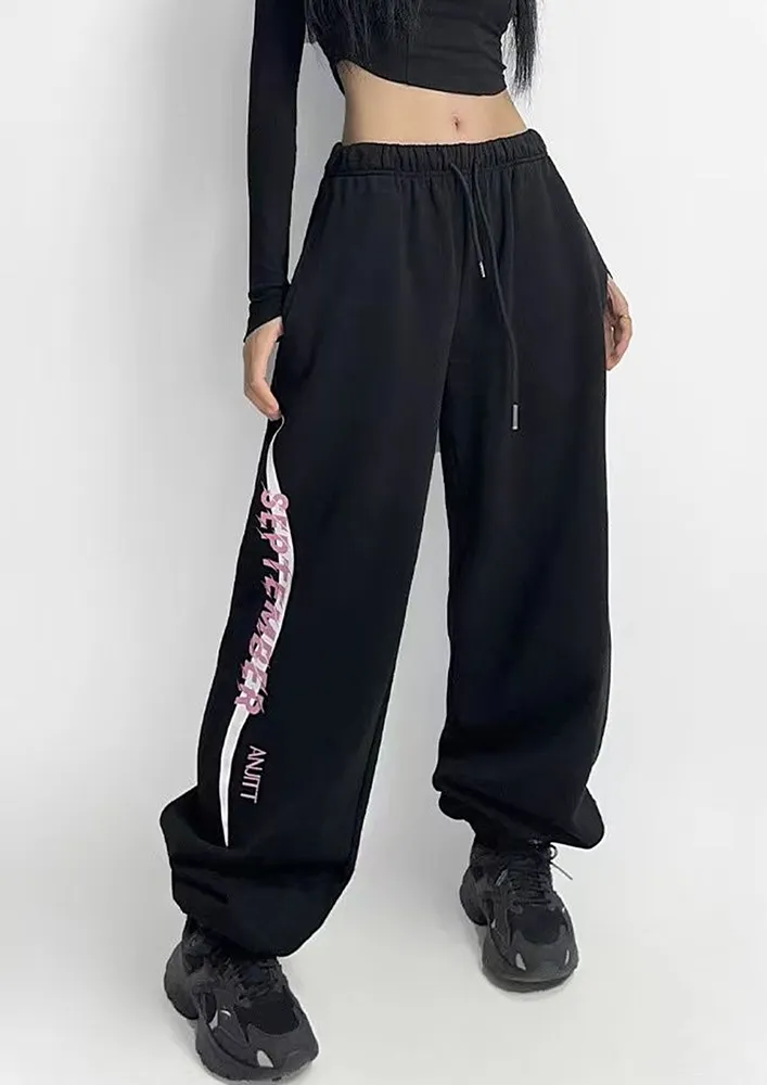 Black Printed High-waist Drawstring Joggers