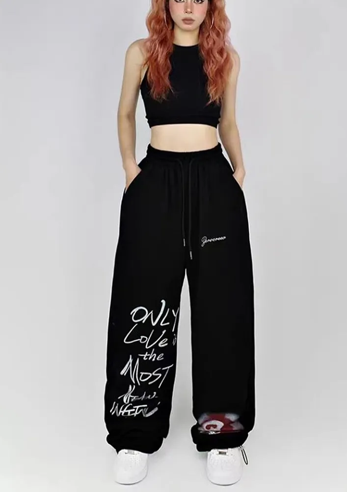 Black Slogan Print Loose Joggers