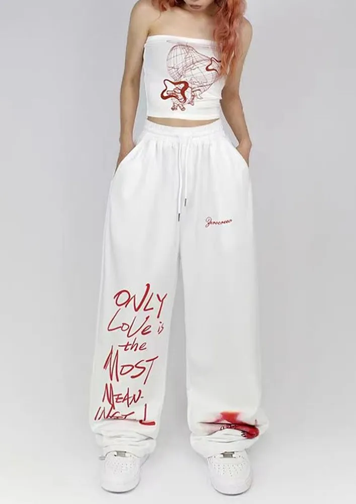 White Slogan Print Loose Joggers