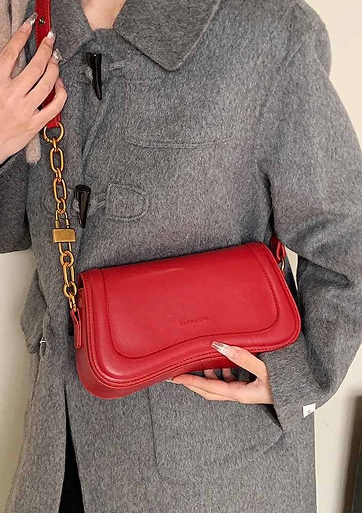 PU RED FLAP-FRONT SHOULDER BAG