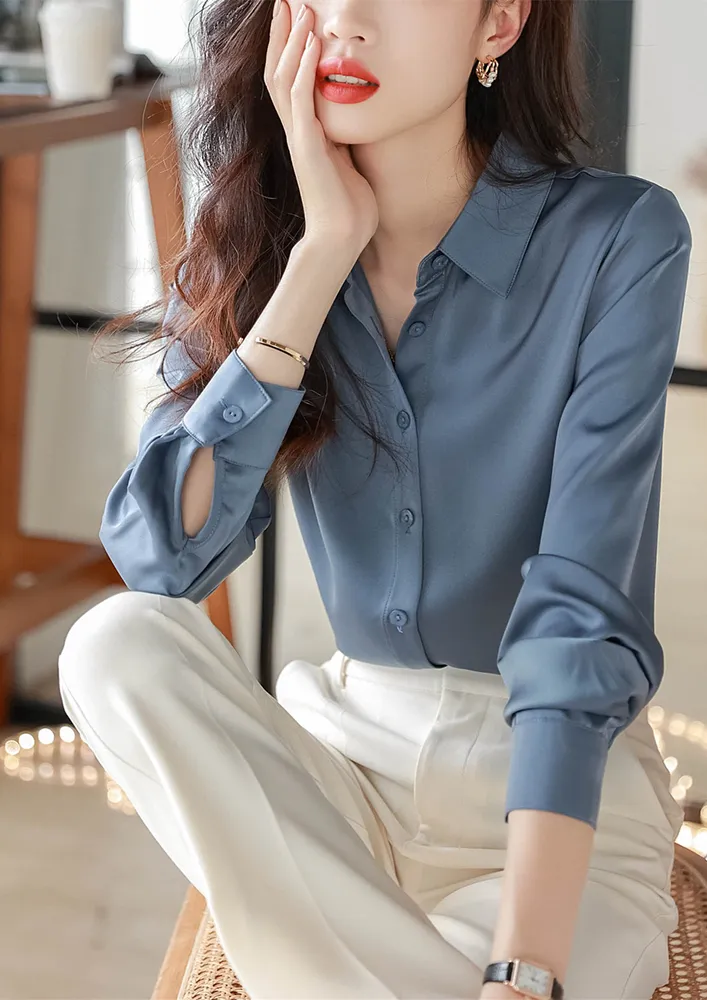 GREY BLUE REGULAR IMITATION SATIN SHIRT