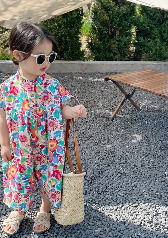 Girls Printed Band Collar Jumpsuit