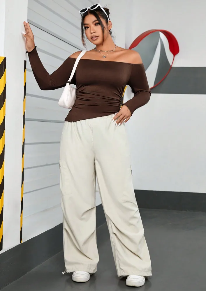 Brown Off-shoulder Plus Size Fitted Top