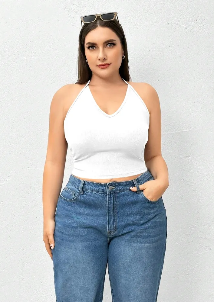 White Plus Size Halter Neck Backless Top