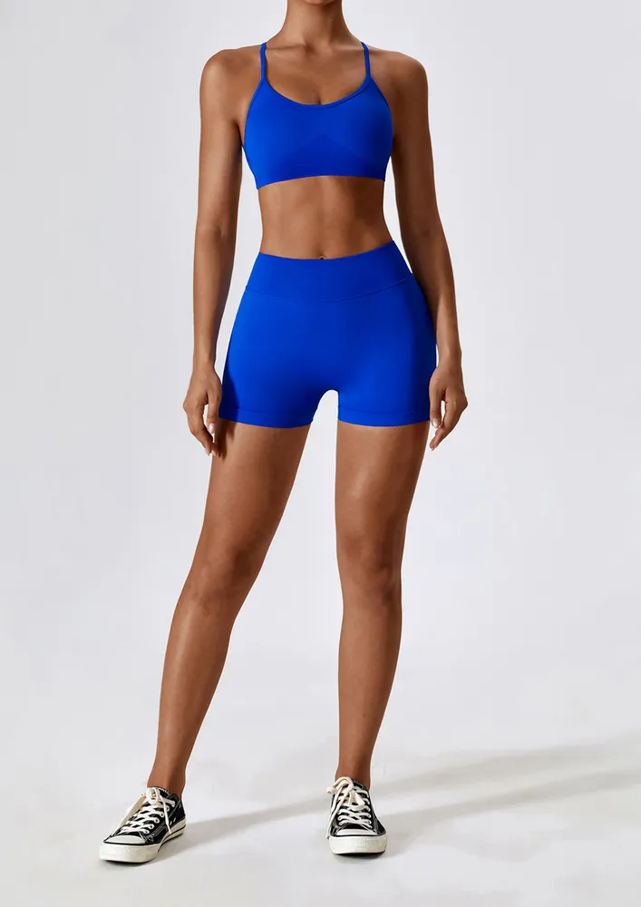 BLUE BACKLESS CRISS-CROSS STRAP SPORTS BRA