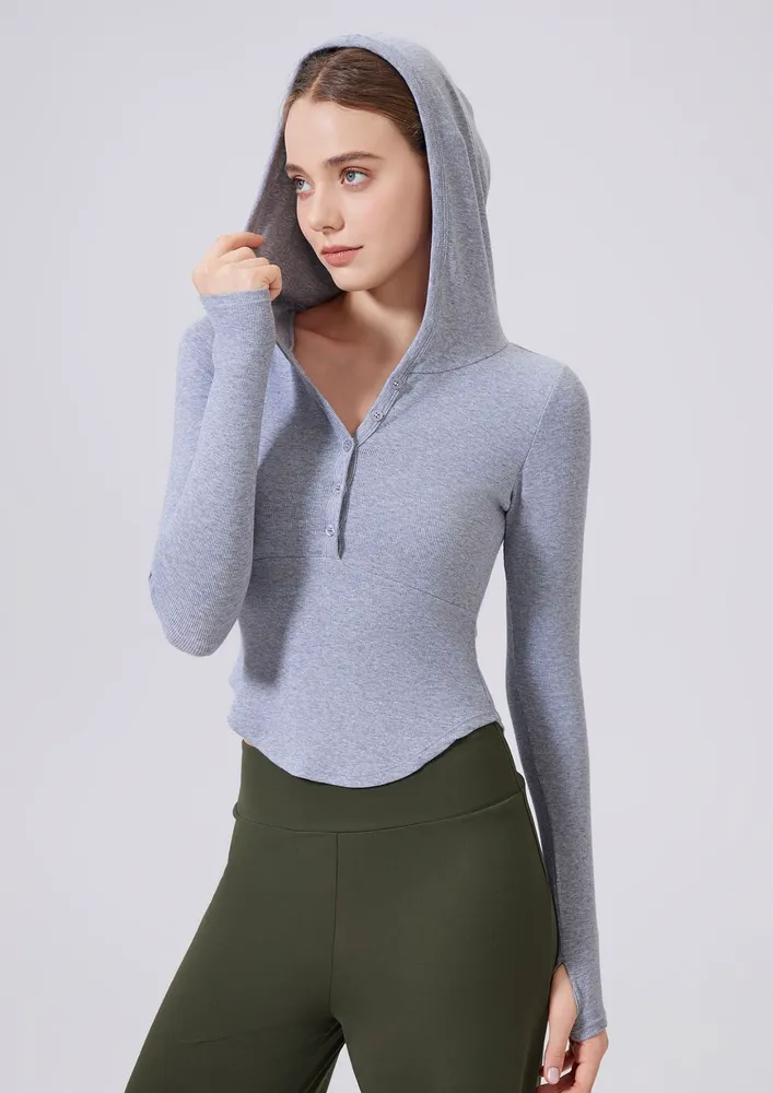 Grey Hooded Curved Hem Sports Top