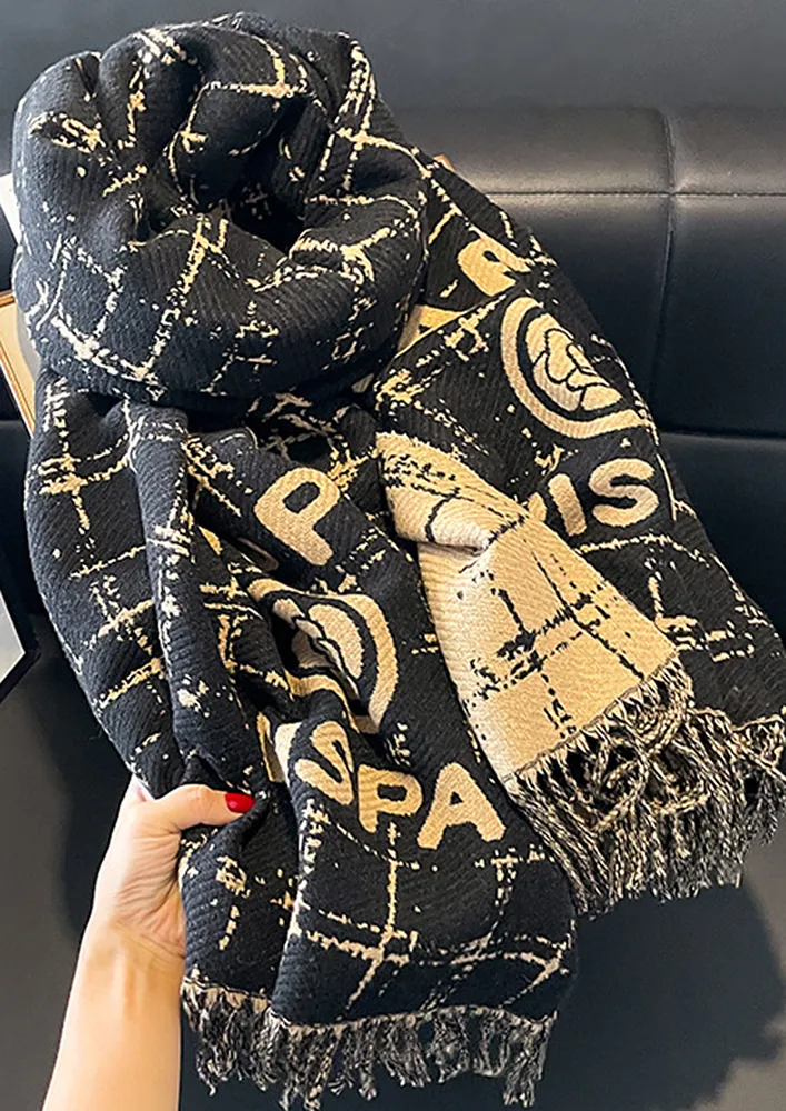 REVERSIBLE PLAID PATTERN BLACK SCARF