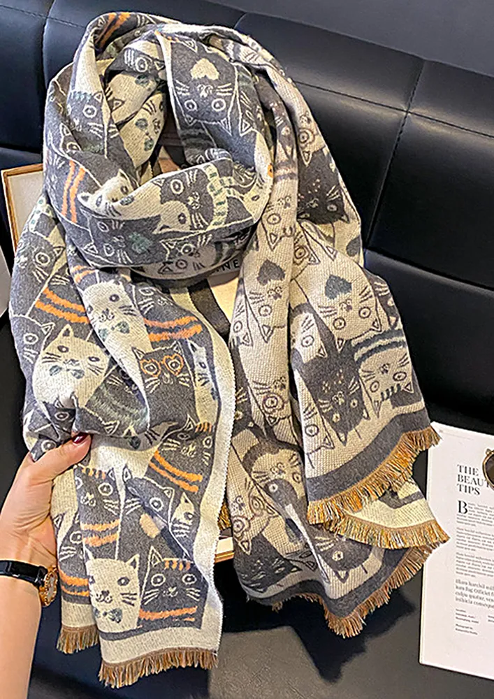 KITTY PATTERN REVERSIBLE GREY SCARF