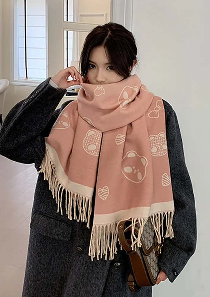 PINK TASSEL-HEM PRINTED SHAWL